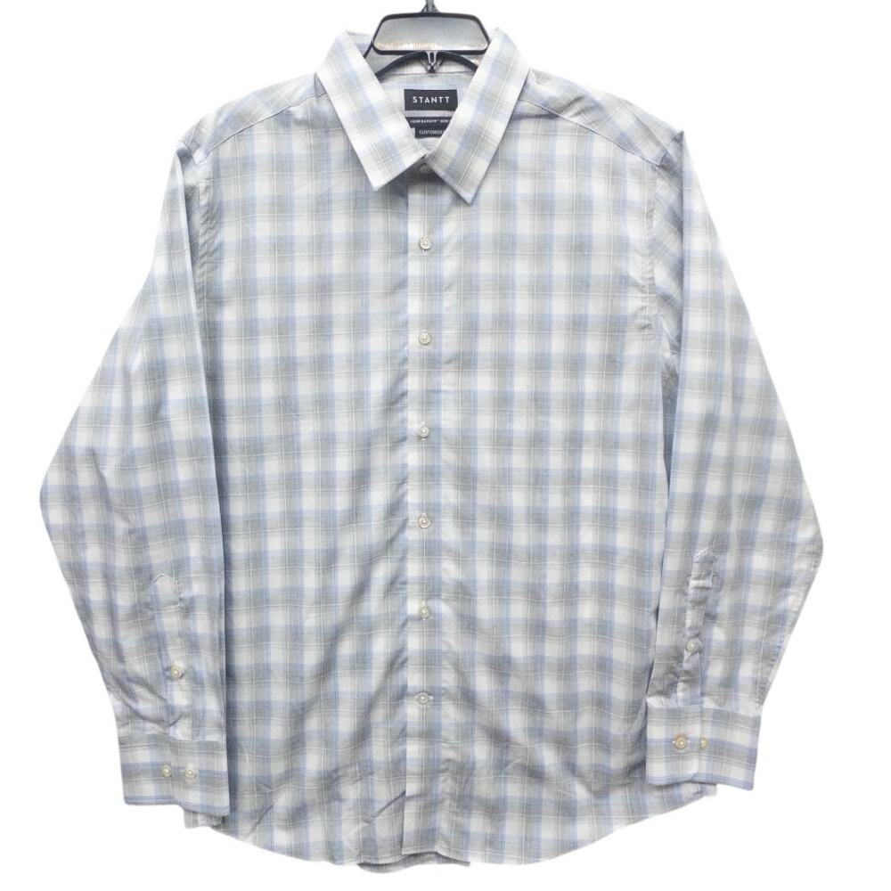 Stantt Dress Shirt Mens Large Blue Gray Plaid Button Down Long Sleeve Preppy